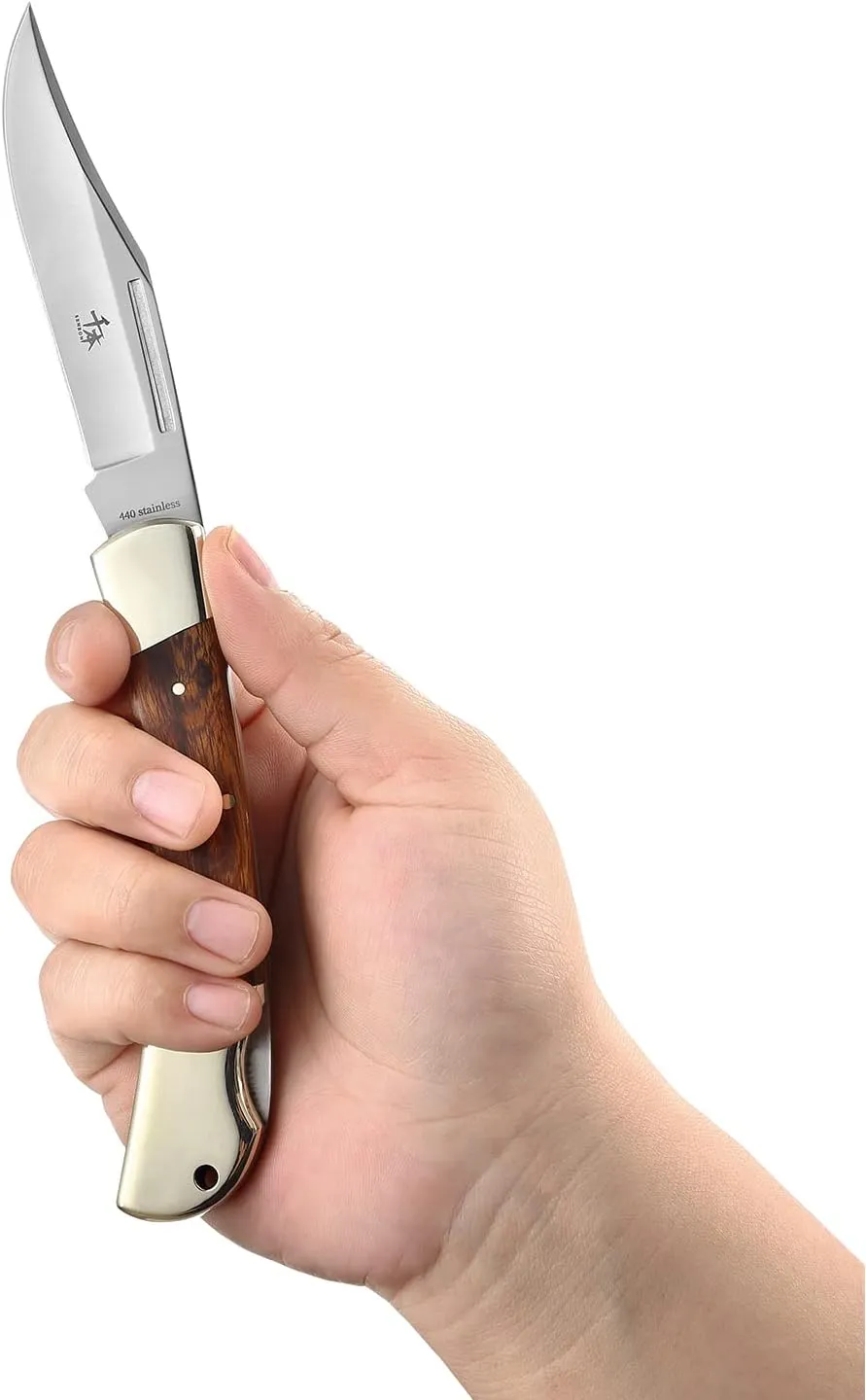 SENBON folding lock back knife 4in 440a sharp outdoor knife sand iron wood copper handle with Leather Sheath