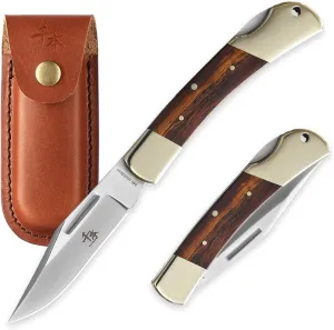 SENBON folding lock back knife 4in 440a sharp outdoor knife sand iron wood copper handle with Leather Sheath