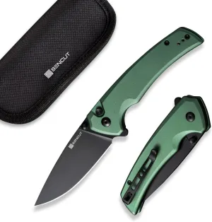 SENCUT Button Lock Pocket Knife for EDC, Serene Folding Knife, Thumb Stud & Flipper Opener, Aluminum Handle with 3.48" D2 Black Blade for Outdoor, Camping, Hunting S21022B-5 (Green)