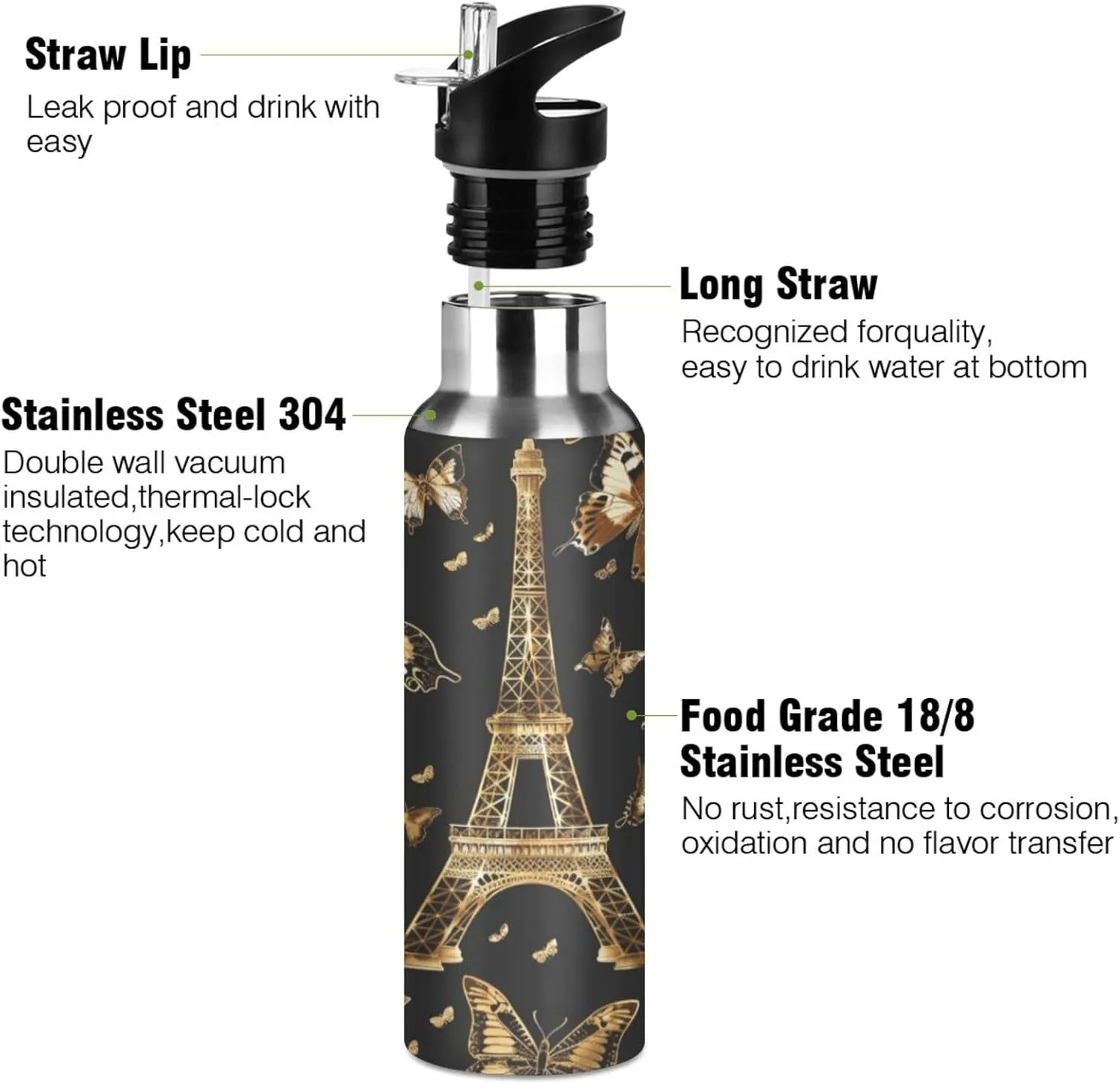 senya 20 Oz Water Bottle with Straw Butterfly Eiffel Tower Stainless Steel Water Bottle for Traveling Sports Leakproof Insulated