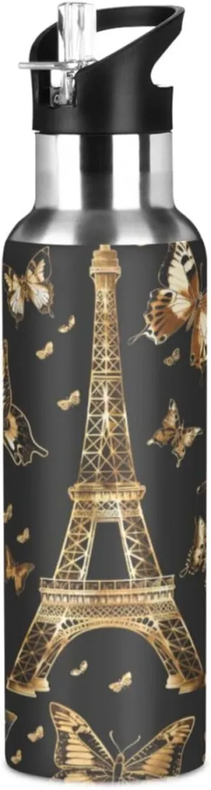 senya 20 Oz Water Bottle with Straw Butterfly Eiffel Tower Stainless Steel Water Bottle for Traveling Sports Leakproof Insulated