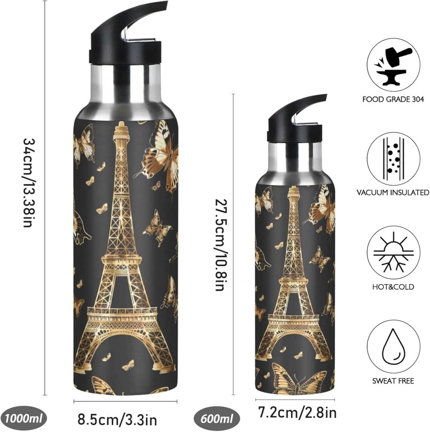 senya 20 Oz Water Bottle with Straw Butterfly Eiffel Tower Stainless Steel Water Bottle for Traveling Sports Leakproof Insulated