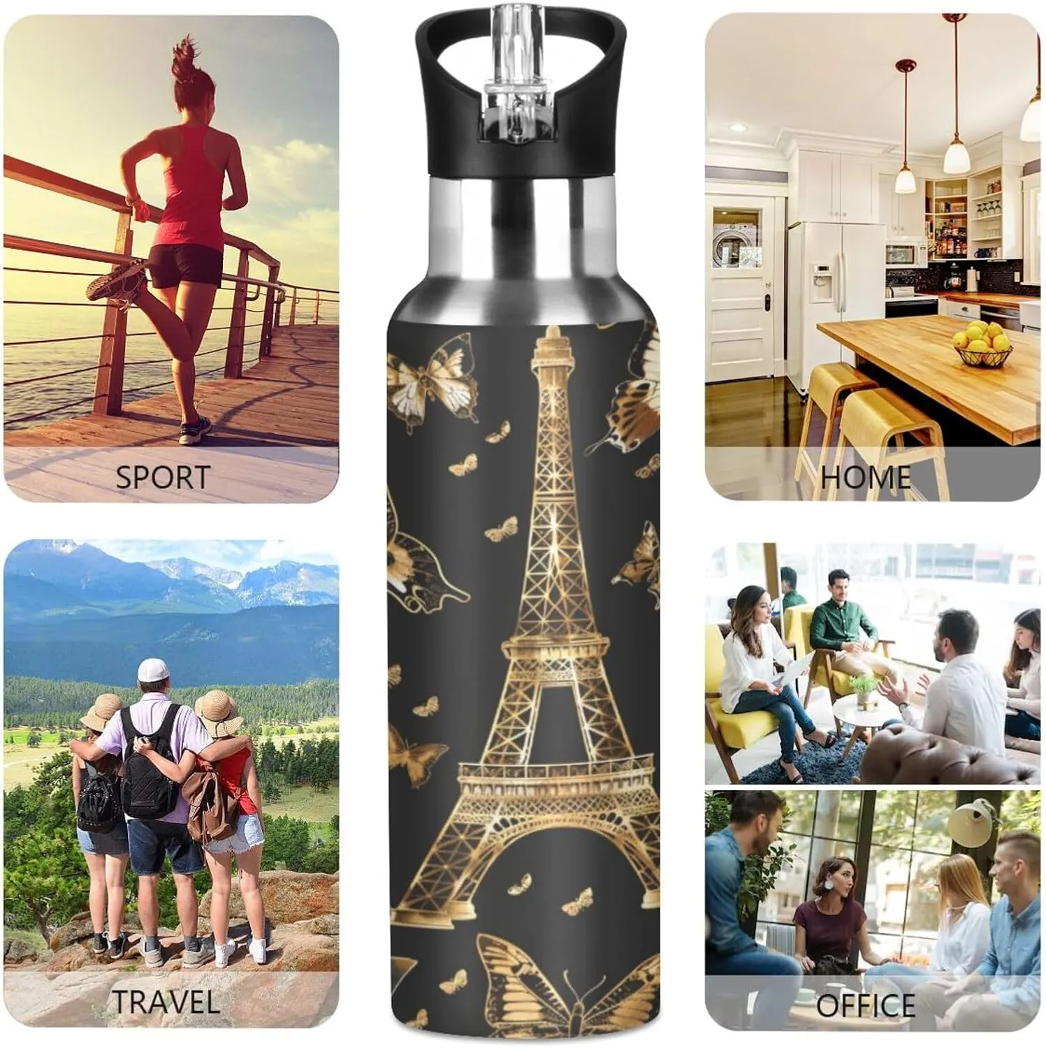 senya 20 Oz Water Bottle with Straw Butterfly Eiffel Tower Stainless Steel Water Bottle for Traveling Sports Leakproof Insulated