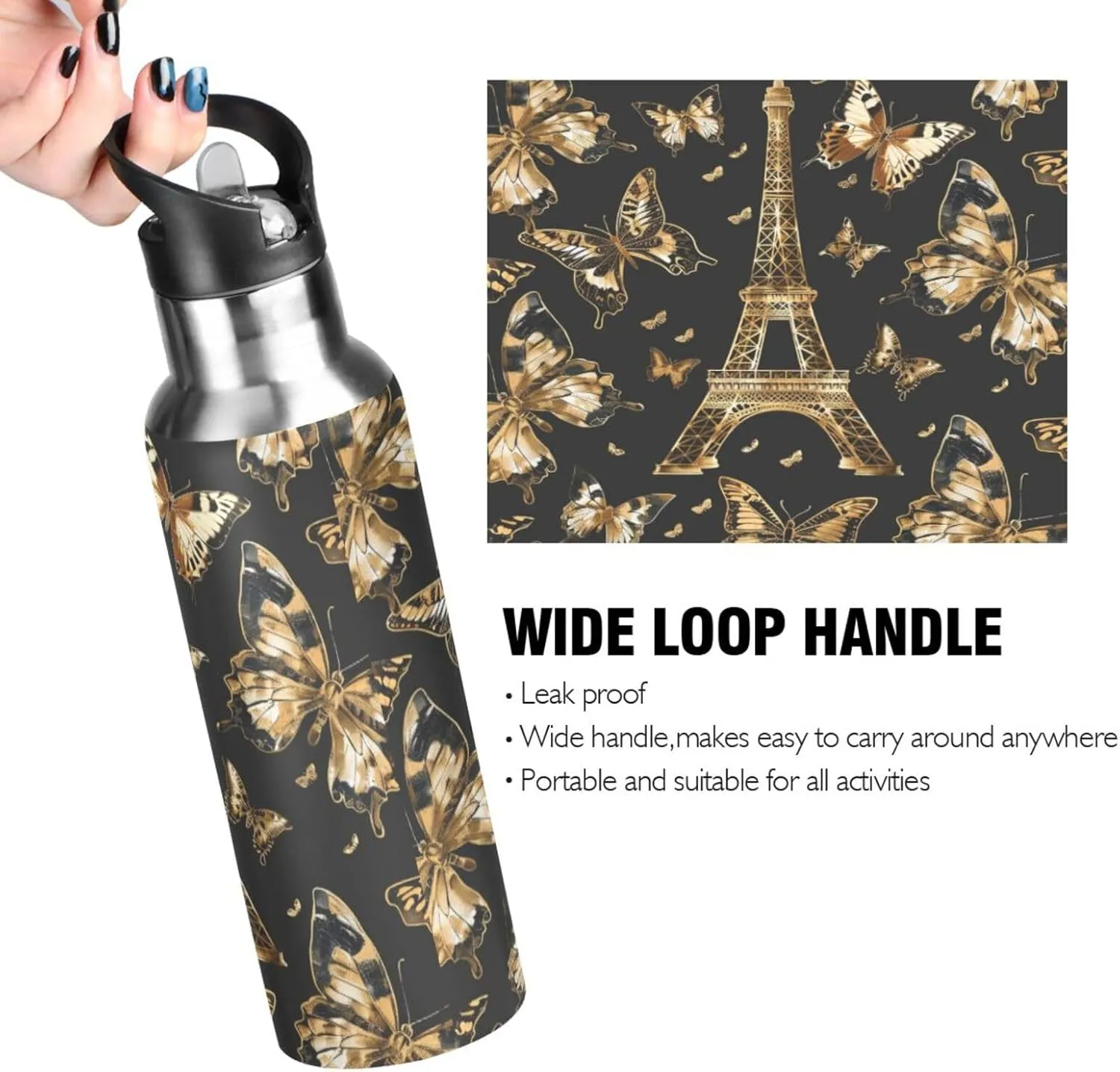 senya 20 Oz Water Bottle with Straw Butterfly Eiffel Tower Stainless Steel Water Bottle for Traveling Sports Leakproof Insulated