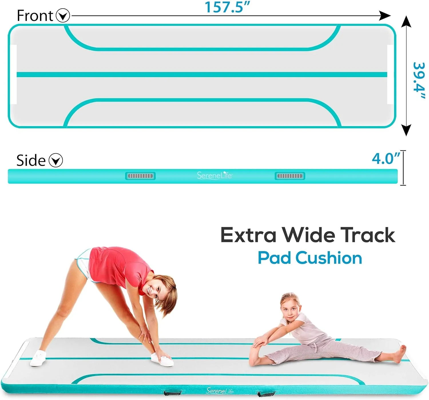 SereneLife Gymnastics Inflatable Air Tumbling Floor Mat Floating Water Mat 13FT, 4in Thickness for Outdoor/Home Indoor Use Tumbling, Training, Cheerleading, Yoga, Water with Electric Air Pump