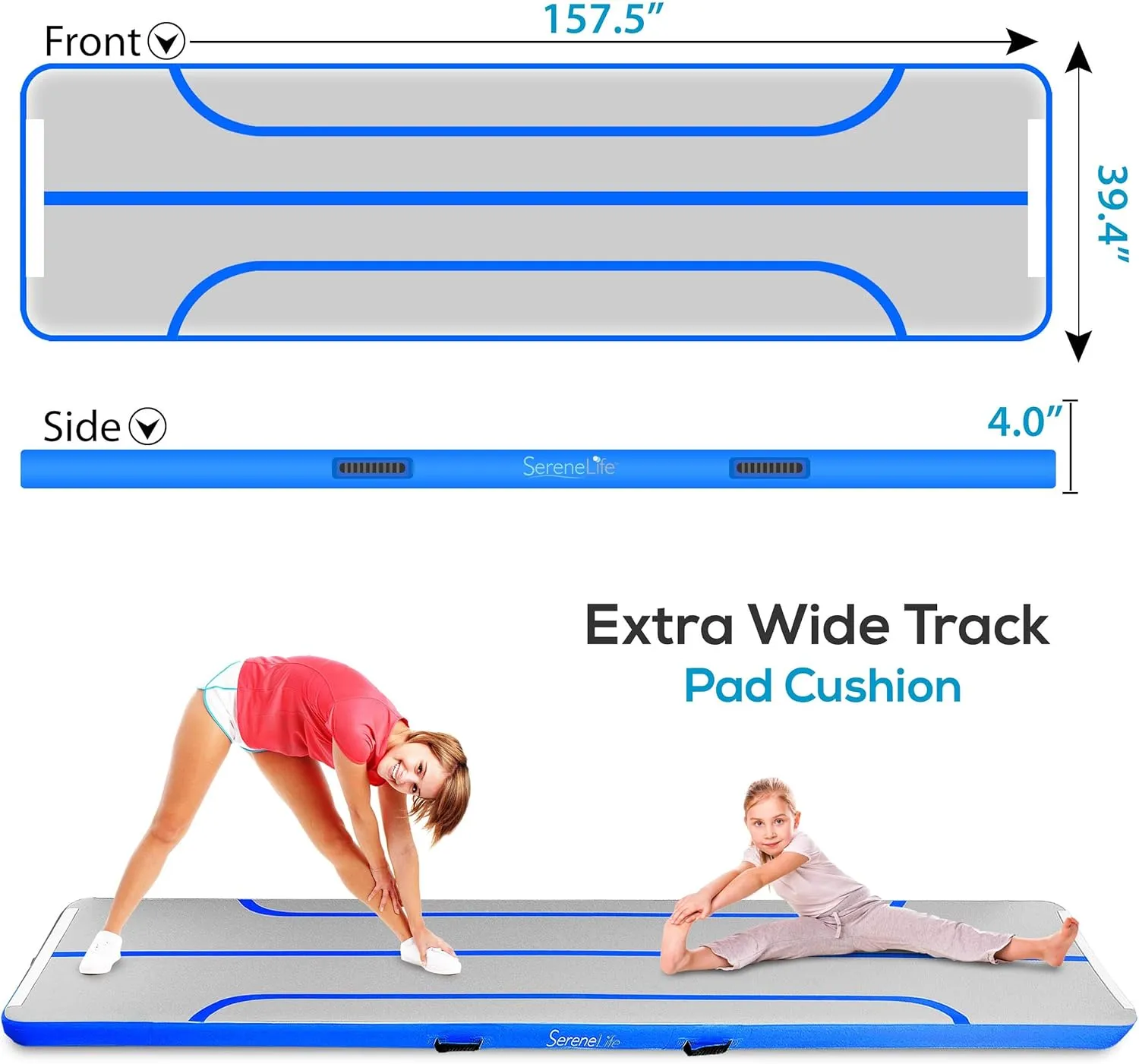 SereneLife Gymnastics Inflatable Air Tumbling Floor Mat Floating Water Mat 13FT, 4in Thickness for Outdoor/Home Indoor Use Tumbling, Training, Cheerleading, Yoga, Water with Electric Air Pump