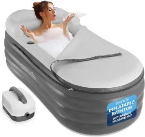 SereneLife Inflatable Bathtub with Bubble Massage Mat, LED Lighting, Pillow, Cup Holder & Remote Control – Backrest & Armrests for Ultimate Comfort (Gray)
