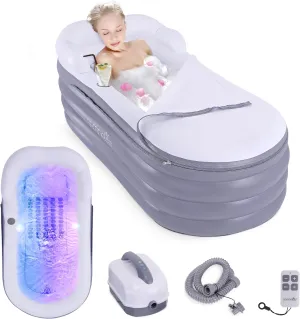 SereneLife Jacuzzi Spa Bathtub with Bubble Massage Mat - Inflatable Bath, Includes Inflatable Pillow, Cup Holder, Remote Control for LED Lighting, Backrest & Armrests