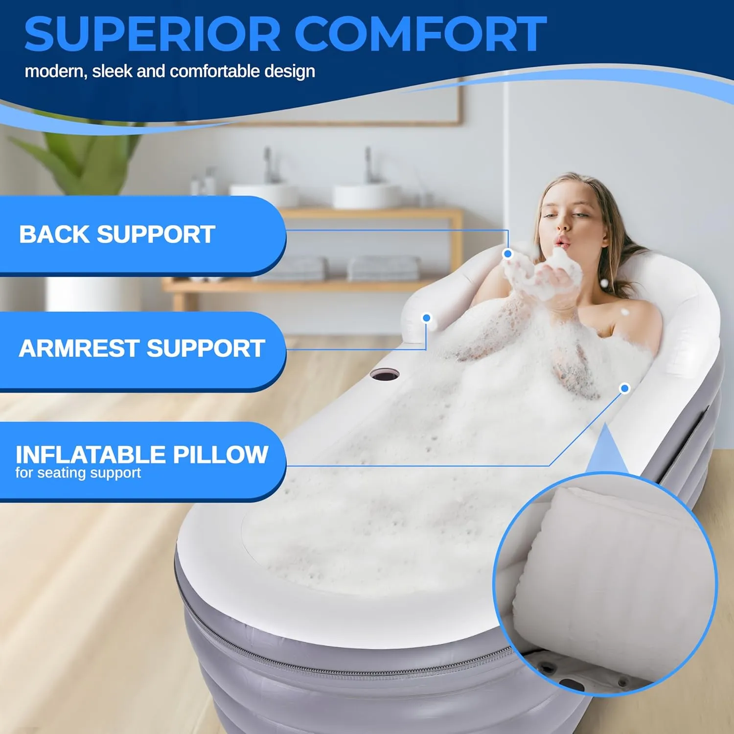 SereneLife Jacuzzi Spa Bathtub with Bubble Massage Mat - Inflatable Bath, Includes Inflatable Pillow, Cup Holder, Remote Control for LED Lighting, Backrest & Armrests