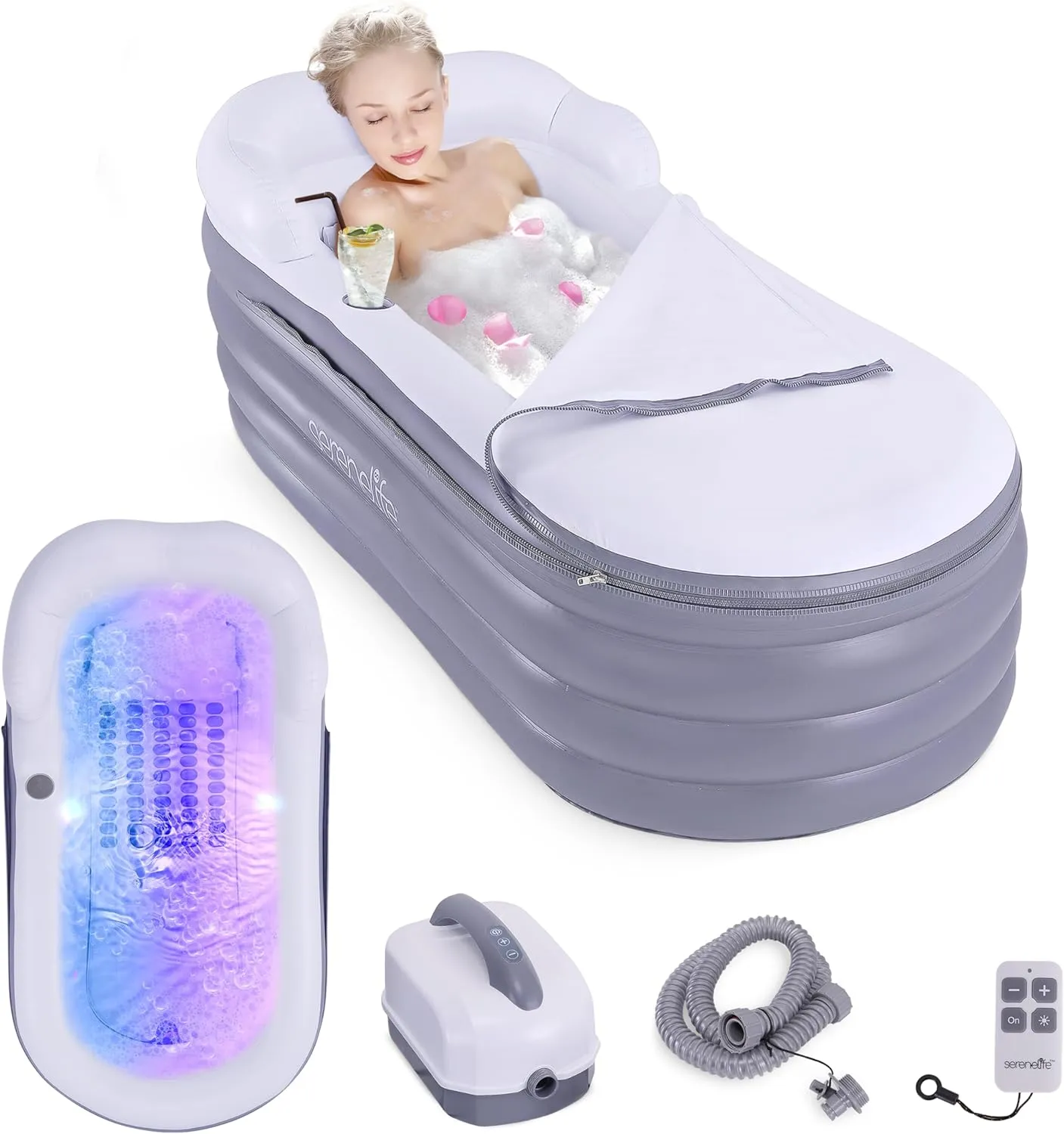 SereneLife Jacuzzi Spa Bathtub with Bubble Massage Mat - Inflatable Bath, Includes Inflatable Pillow, Cup Holder, Remote Control for LED Lighting, Backrest & Armrests