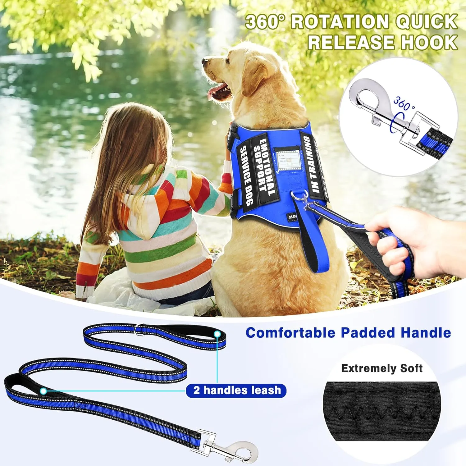 Service Dog Vest Harness and Leash Set 10 Patches,No Pull&Easy Walk Reflective Dog Harness with Soft Padded Handle for Training/Everyday,Fit Small/Medium/Large/Extra-Large Dogs (Blue XL)