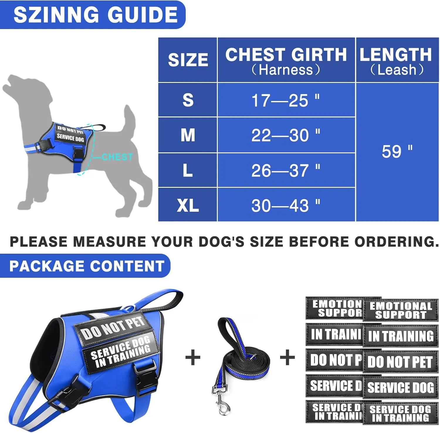 Service Dog Vest Harness and Leash Set 10 Patches,No Pull&Easy Walk Reflective Dog Harness with Soft Padded Handle for Training/Everyday,Fit Small/Medium/Large/Extra-Large Dogs (Blue XL)