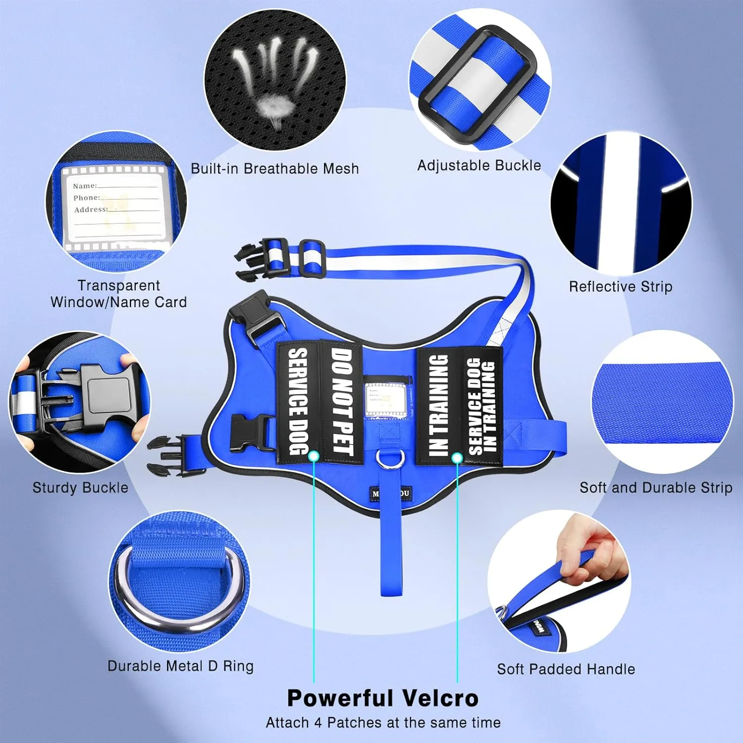 Service Dog Vest Harness and Leash Set 10 Patches,No Pull&Easy Walk Reflective Dog Harness with Soft Padded Handle for Training/Everyday,Fit Small/Medium/Large/Extra-Large Dogs (Blue XL)
