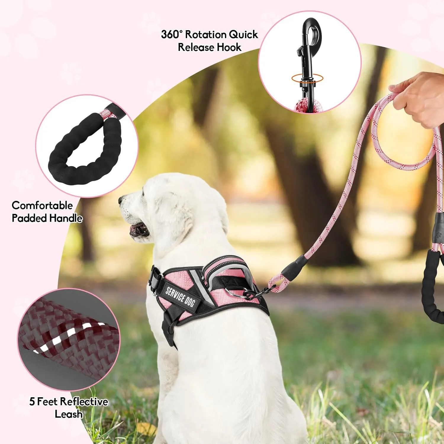 Service Dog Vest Harness and Leash Set, Animire in Training Dog Harness with 10 Dog Patches, Reflective Dog Leash with Soft Padded Handle for Small, Medium, Large, and Extra-Large Dogs(Pink,S)