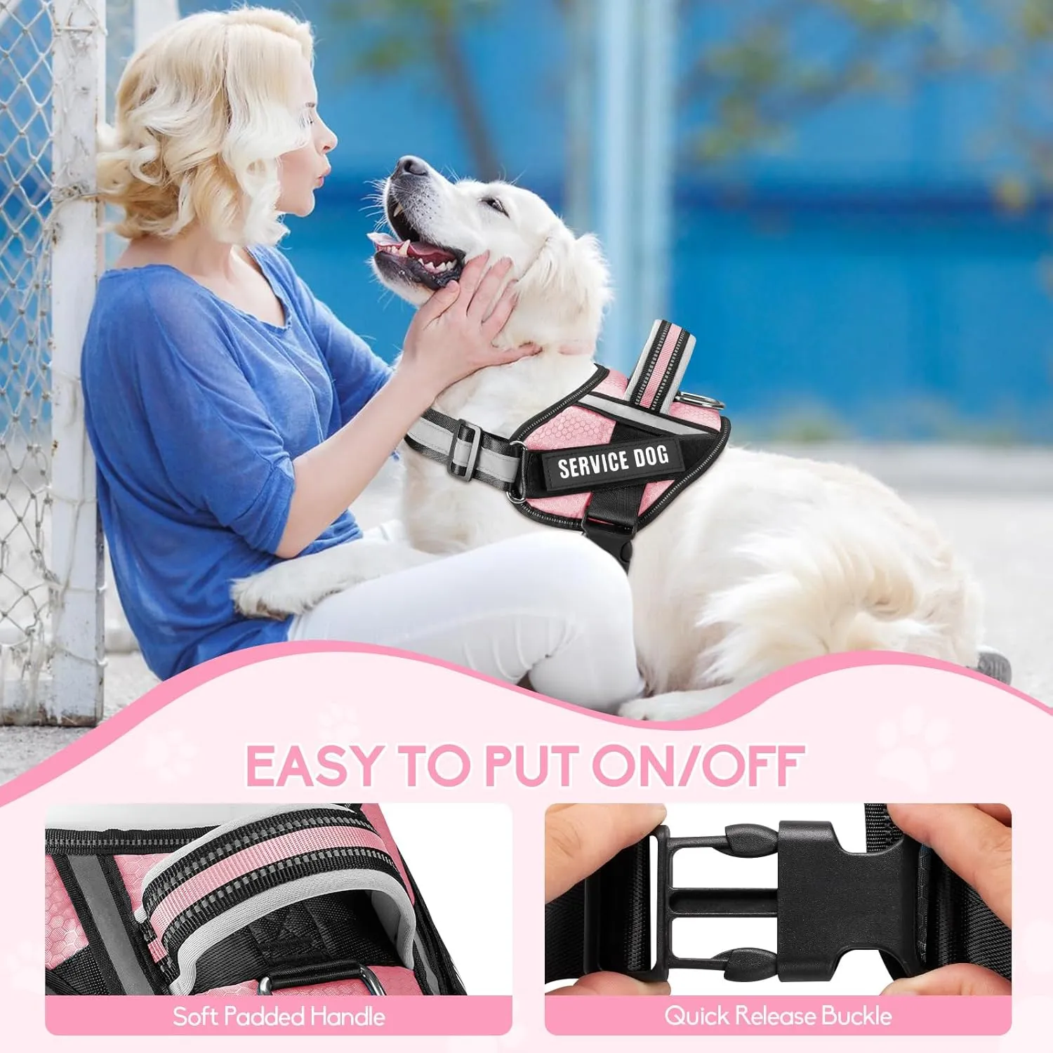 Service Dog Vest Harness and Leash Set, Animire in Training Dog Harness with 10 Dog Patches, Reflective Dog Leash with Soft Padded Handle for Small, Medium, Large, and Extra-Large Dogs(Pink,S)
