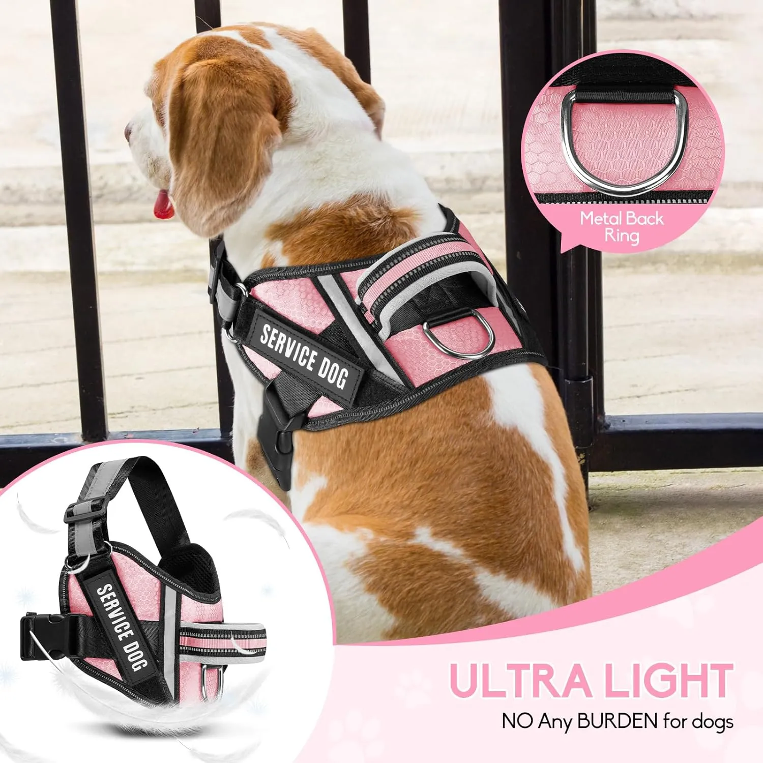 Service Dog Vest Harness and Leash Set, Animire in Training Dog Harness with 10 Dog Patches, Reflective Dog Leash with Soft Padded Handle for Small, Medium, Large, and Extra-Large Dogs(Pink,S)