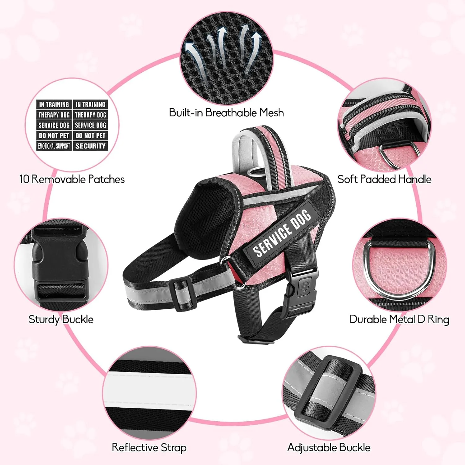 Service Dog Vest Harness and Leash Set, Animire in Training Dog Harness with 10 Dog Patches, Reflective Dog Leash with Soft Padded Handle for Small, Medium, Large, and Extra-Large Dogs(Pink,S)