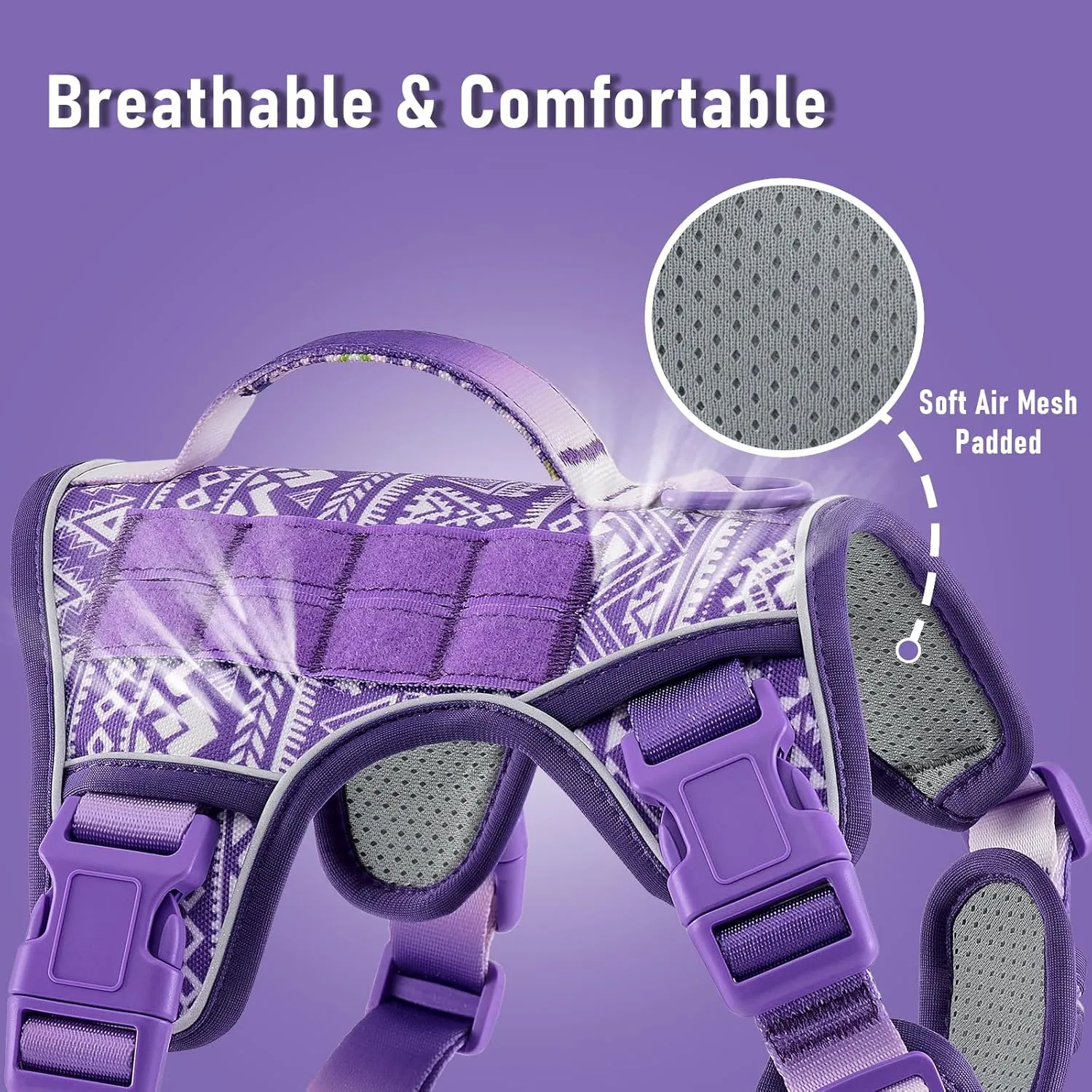 Service Dog Vest Harness with 2 Velcro Patches, No Pull Dog Harness for Walking Training Hiking, Metal D-Rings Easy on/Off Neck Buckle Reflective Strips Soft Padded Handle, Purple