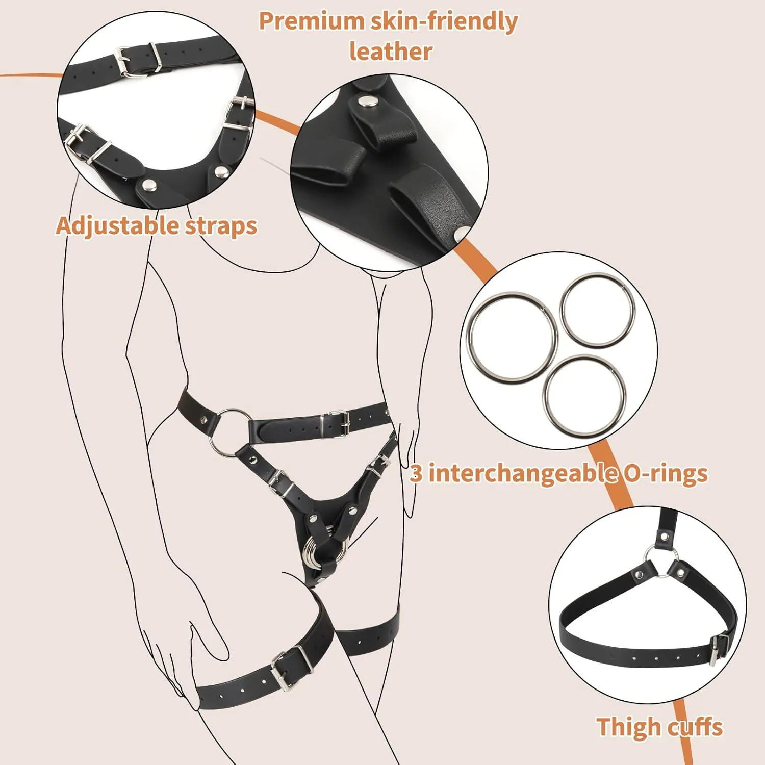 Sex Strap On Harness for Women Pegging Dildo, Adult Sex Toy with Detachable 3 Size Metal O-Rings Thigh Cuffs, Wearable Adjustable Bondage Gear for Couple Lesbian Gay Vaginal Anal Play (Black)