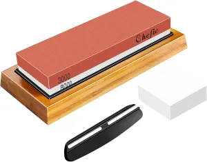 Sharpening Stone Whetstone Knife Sharpener Stone, Chefic 3000/8000 Grit Knife Sharpening Kit Wet Stone with Flattening Stone, Angle Guide, Non Slip Bamboo Base for kitchen, pocket knife sharpener