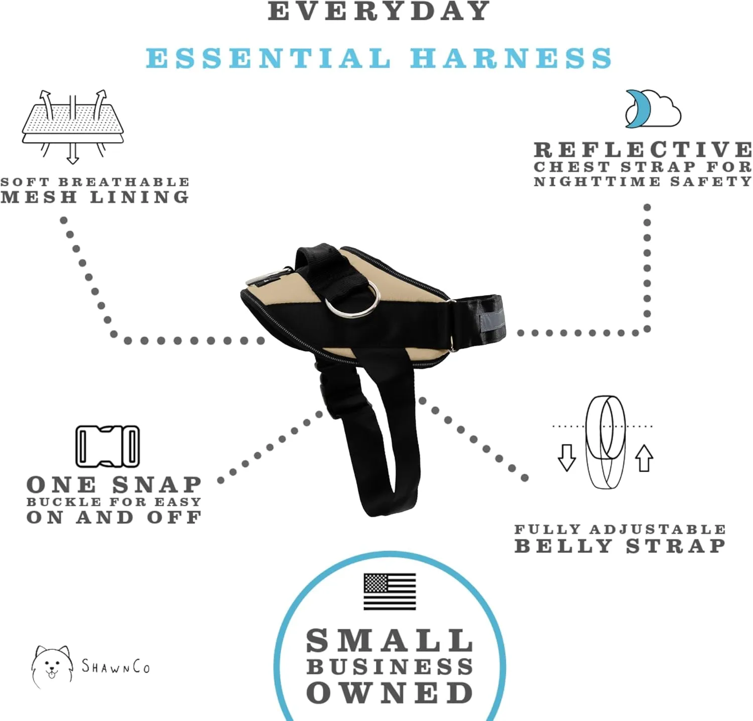 ShawnCo Essential Dog Harness, No-Pull Pet Vest with 3 Leash Clips, No Choke, Reflective, Adjustable and Padded, for Easy Walking and Training for Small, Medium and Large Dogs (Driftwood, XS)