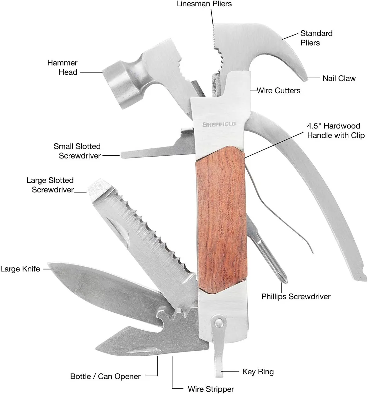Sheffield 12913 Premium 14-in-1 Hammer Multi Tool, Multipurpose Tool for the Home, Camping Equipment, and Work, Hammer, Pliers, Survival Knife, & More
