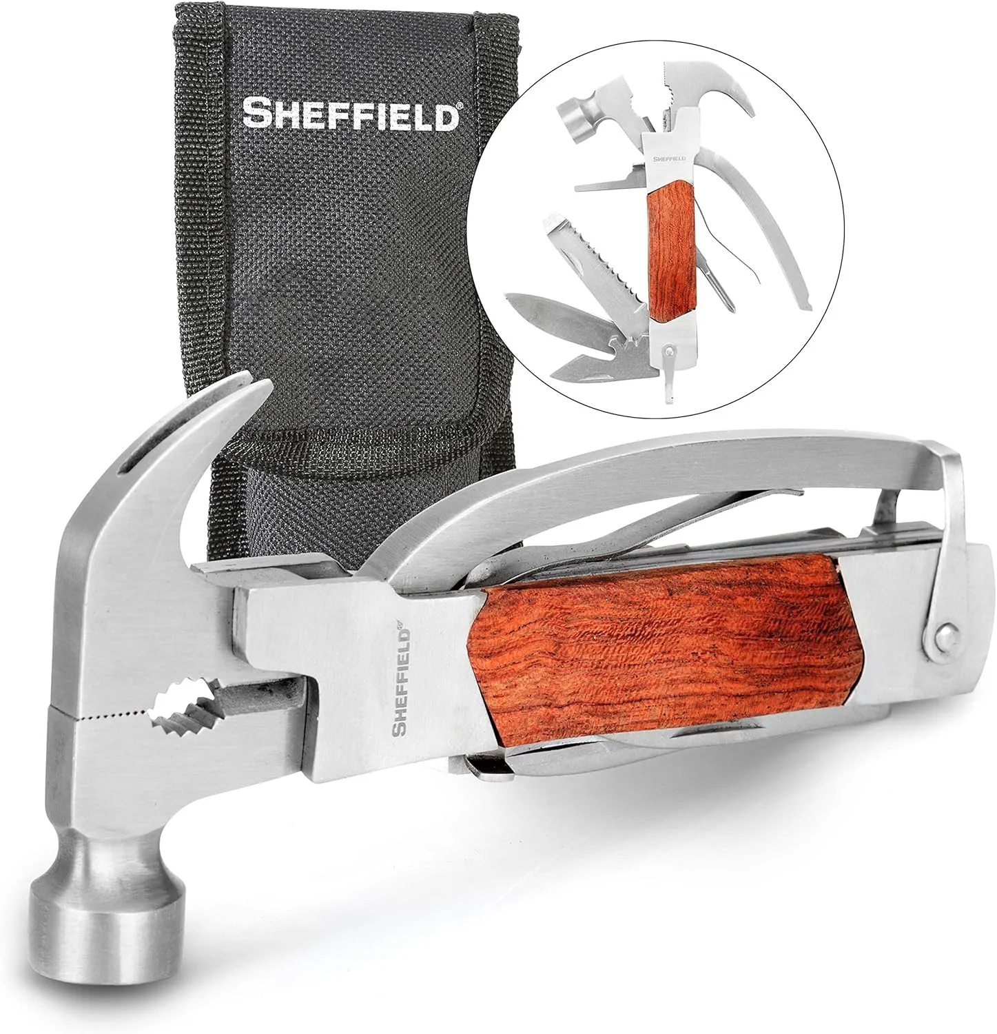 Sheffield 12913 Premium 14-in-1 Hammer Multi Tool, Multipurpose Tool for the Home, Camping Equipment, and Work, Hammer, Pliers, Survival Knife, & More