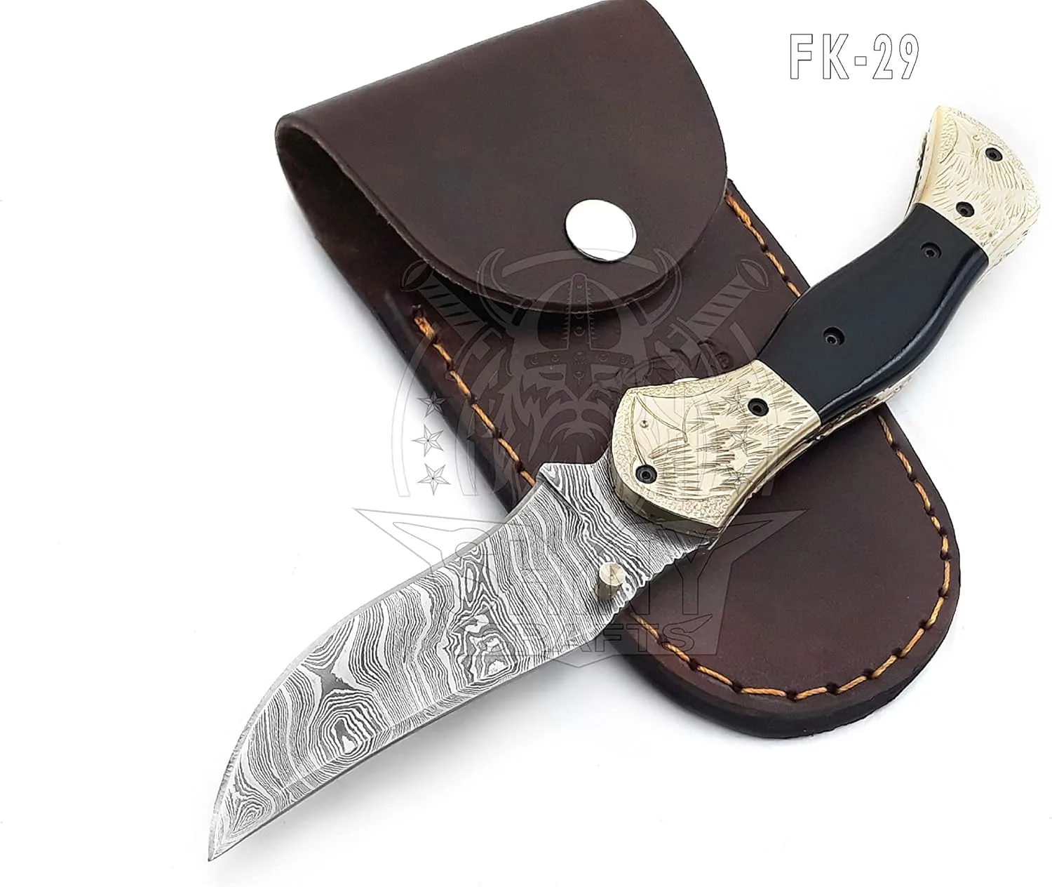 SHINY CRAFTS -Damascus Pocket Knife Knives For Men Tactical Knife OTF Knife- Handmade Folding & Pocket Knives Everyday Carry - PlainEdge - Leather Sheath (FK 08) (FK 29)