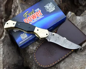 SHINY CRAFTS -Damascus Pocket Knife Knives For Men Tactical Knife OTF Knife- Handmade Folding & Pocket Knives Everyday Carry - PlainEdge - Leather Sheath (FK 08) (FK 29)