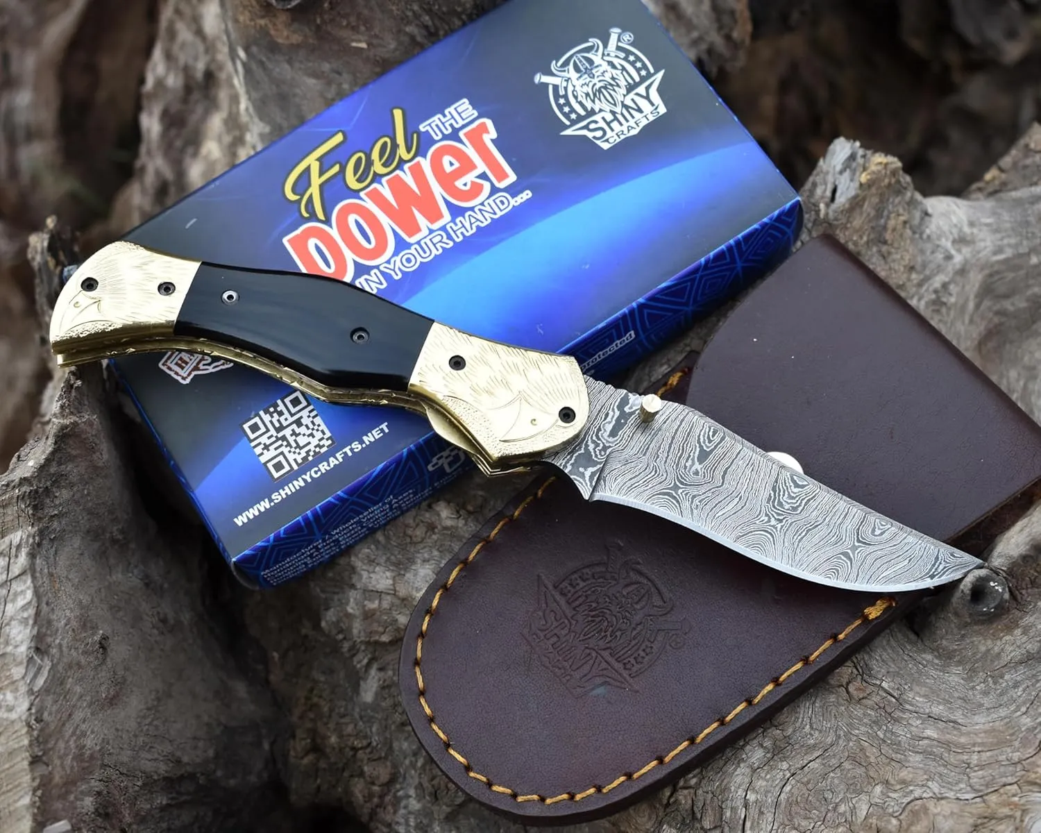 SHINY CRAFTS -Damascus Pocket Knife Knives For Men Tactical Knife OTF Knife- Handmade Folding & Pocket Knives Everyday Carry - PlainEdge - Leather Sheath (FK 08) (FK 29)