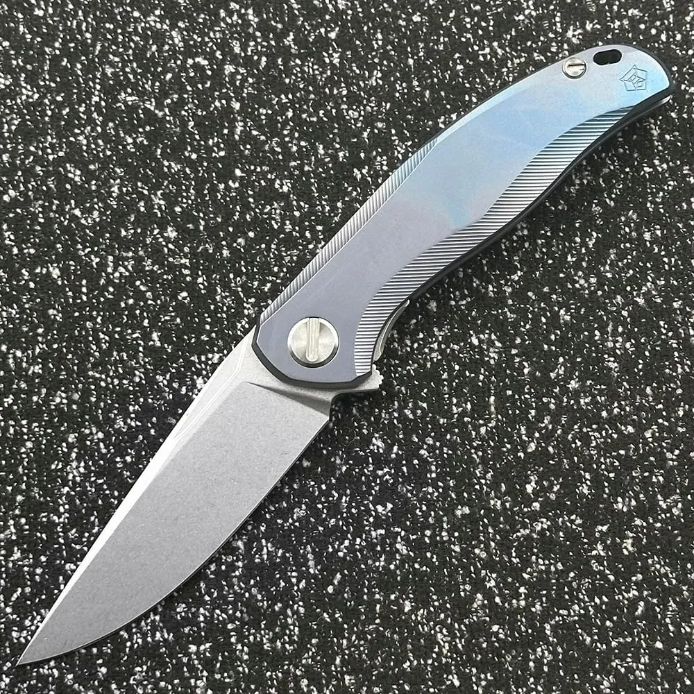 Shirogorov Star Ceramic Bearing Titanium Handle Folding Knife Outdoor Camping Wilderness Survival Pocket EDC Tool Knife (Blue)