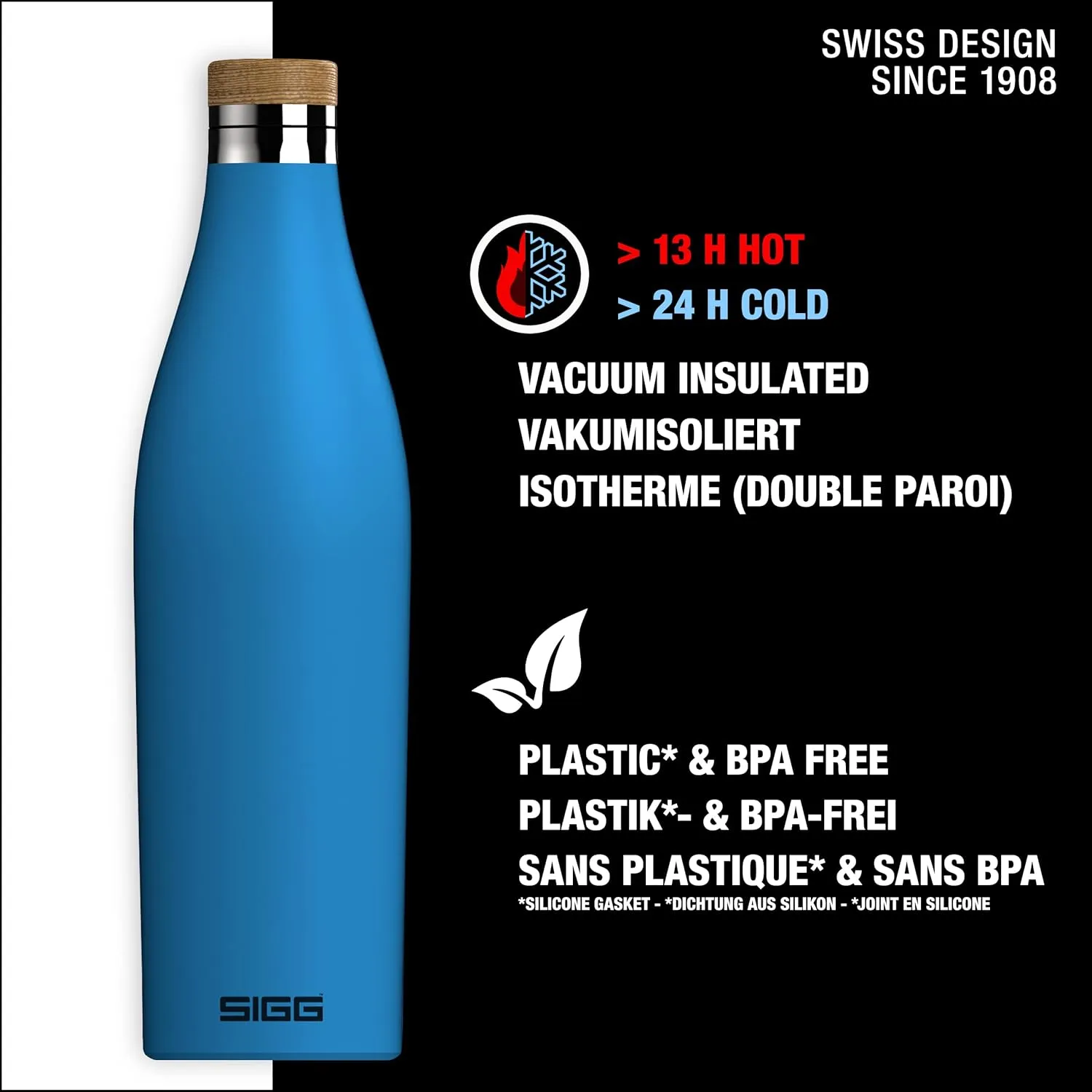 SIGG - Insulated Water Bottle - Meridian Electric Blue - Leakproof & Extra-Slim - BPA Free - Plastic Free - 18/8 Stainless Steel - Double Walled - Bamboo Screw Top - Blue - 24 Oz