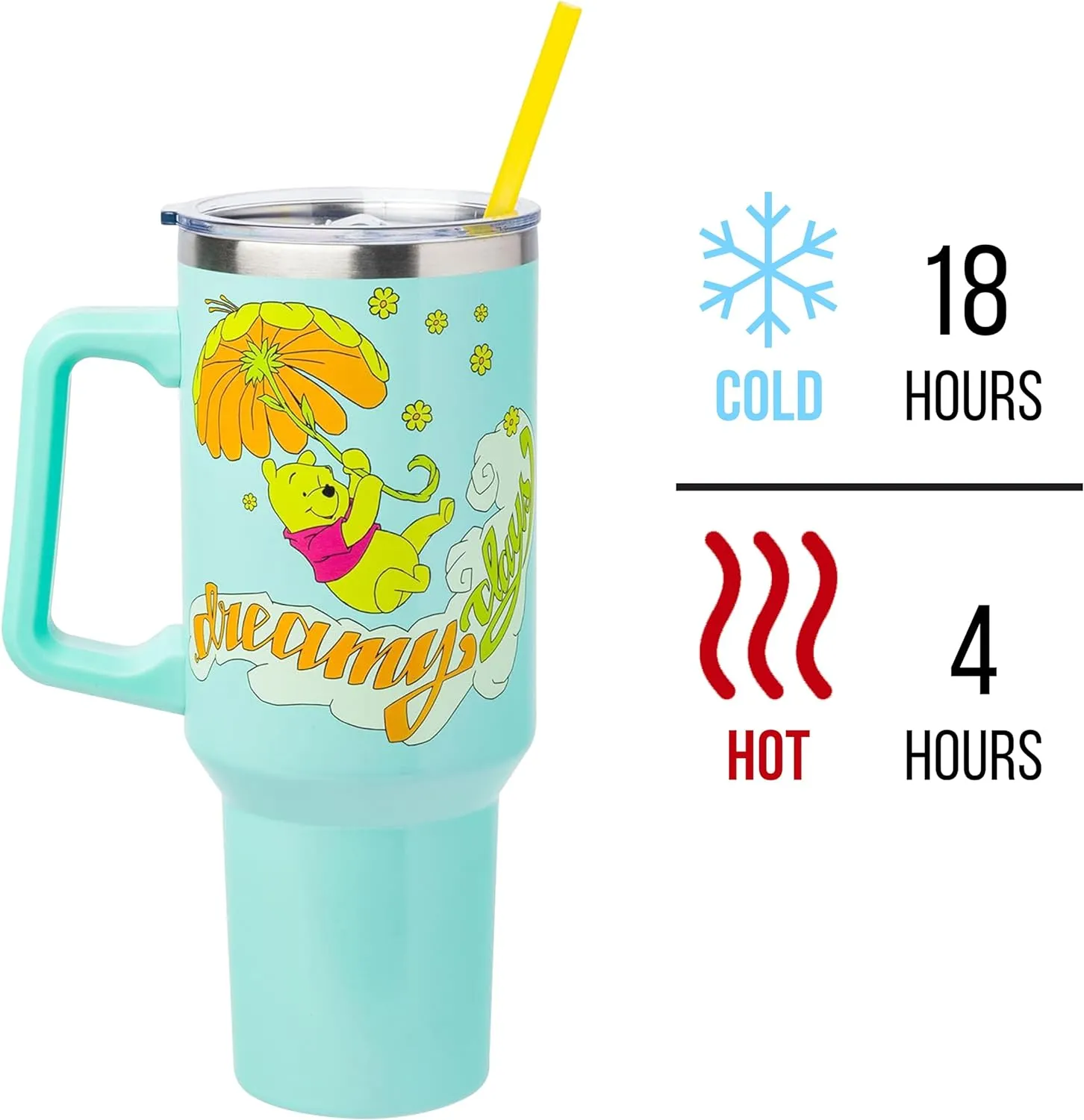 Silver Buffalo Disney Winnie the Pooh “Dreamy Days” Retro Art Stainless Steel Tumbler with Handle and Straw, Fits in Standard Cup Holder, 40 Ounces