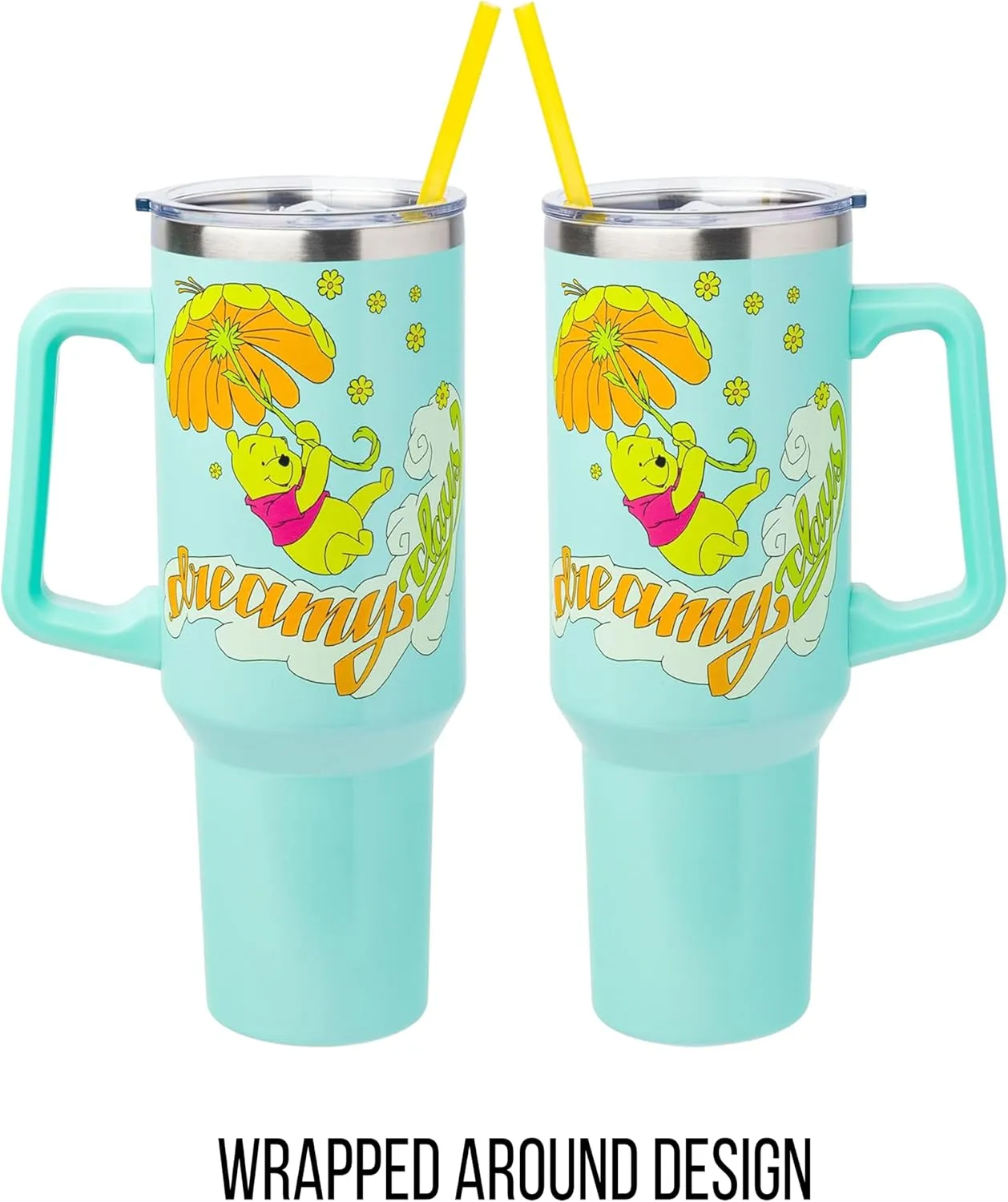 Silver Buffalo Disney Winnie the Pooh “Dreamy Days” Retro Art Stainless Steel Tumbler with Handle and Straw, Fits in Standard Cup Holder, 40 Ounces