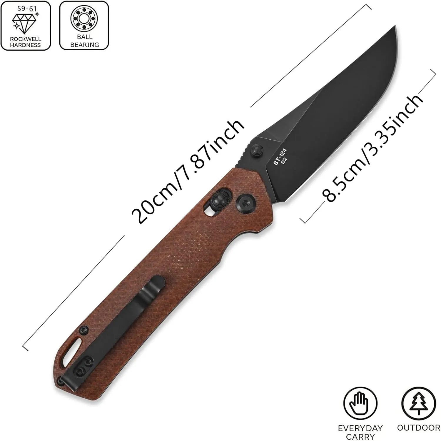Sitivien ST124 Folding Pocket Knife, D2 Steel Micarta Handle,Ball Bearing Pivot, Axis lock with Pocket Clip for Camping,Outdoor EDC Knife Tool-Brown