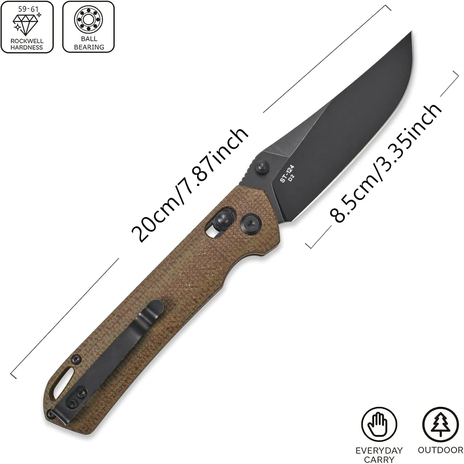 Sitivien ST124 Folding Pocket Knife, D2 Steel Micarta Handle,Ball Bearing Pivot, Axis lock with Pocket Clip for Camping,Outdoor EDC Knife Tool-Green
