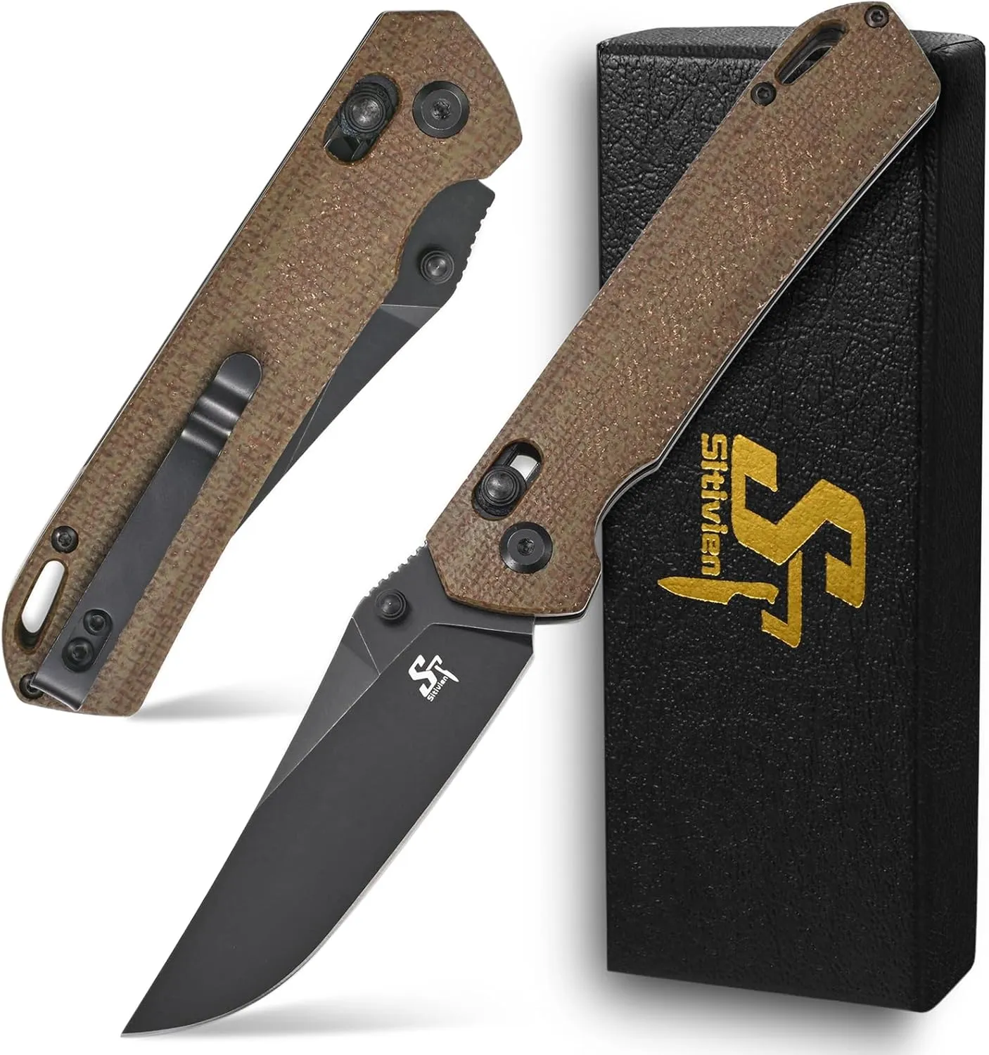 Sitivien ST124 Folding Pocket Knife, D2 Steel Micarta Handle,Ball Bearing Pivot, Axis lock with Pocket Clip for Camping,Outdoor EDC Knife Tool-Green