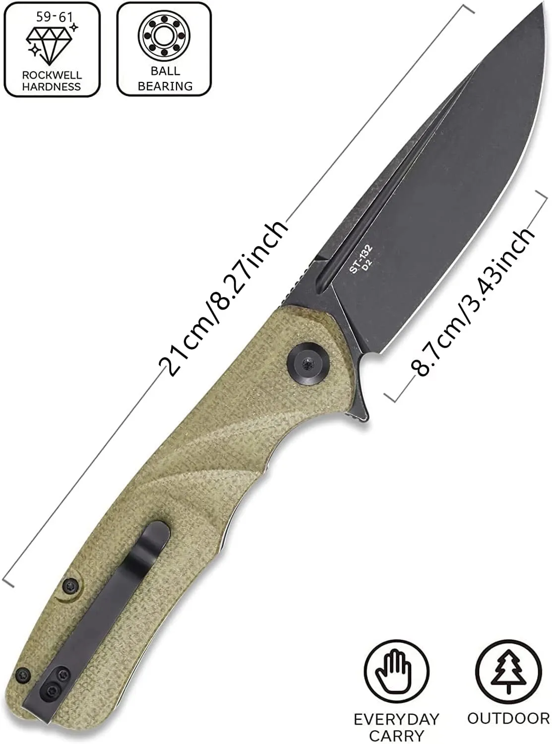 Sitivien ST132 Folding Knife,D2 Steel,Micarta Handle EDC Knife with Liner Lock for Outdoor Hiking Camping(Green)