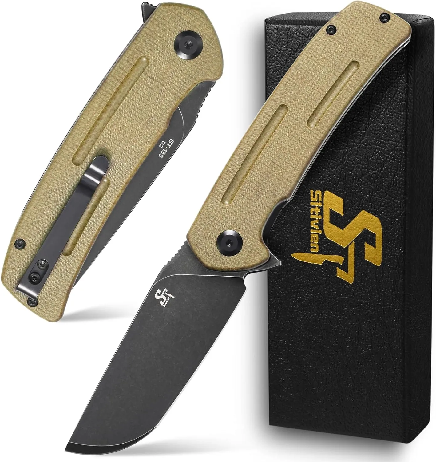Sitivien ST133 Folding Knife,D2 Blade,Micarta Handle EDC Tool Knife for Outdoor Camping Hiking(Green)