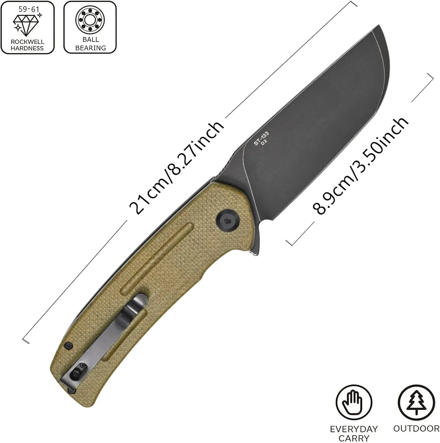 Sitivien ST133 Folding Knife,D2 Blade,Micarta Handle EDC Tool Knife for Outdoor Camping Hiking(Green)