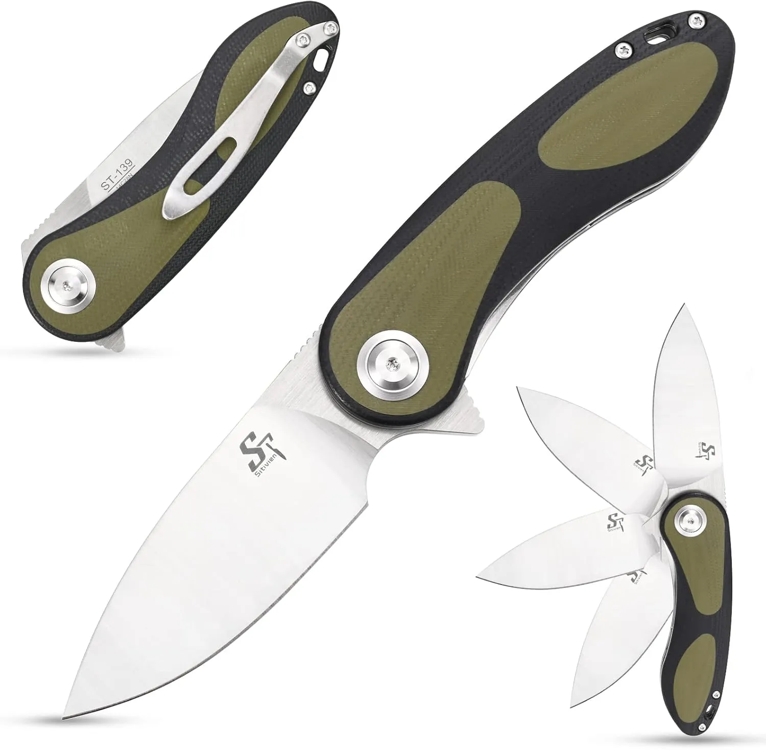 Sitivien ST139 Folding Knife Pocket Knife, Sandvik 14C28N Blade G10 Handle EDC Tool Knifes for Outdoor Camping,Hiking,Hunting,Survival(Black Green)