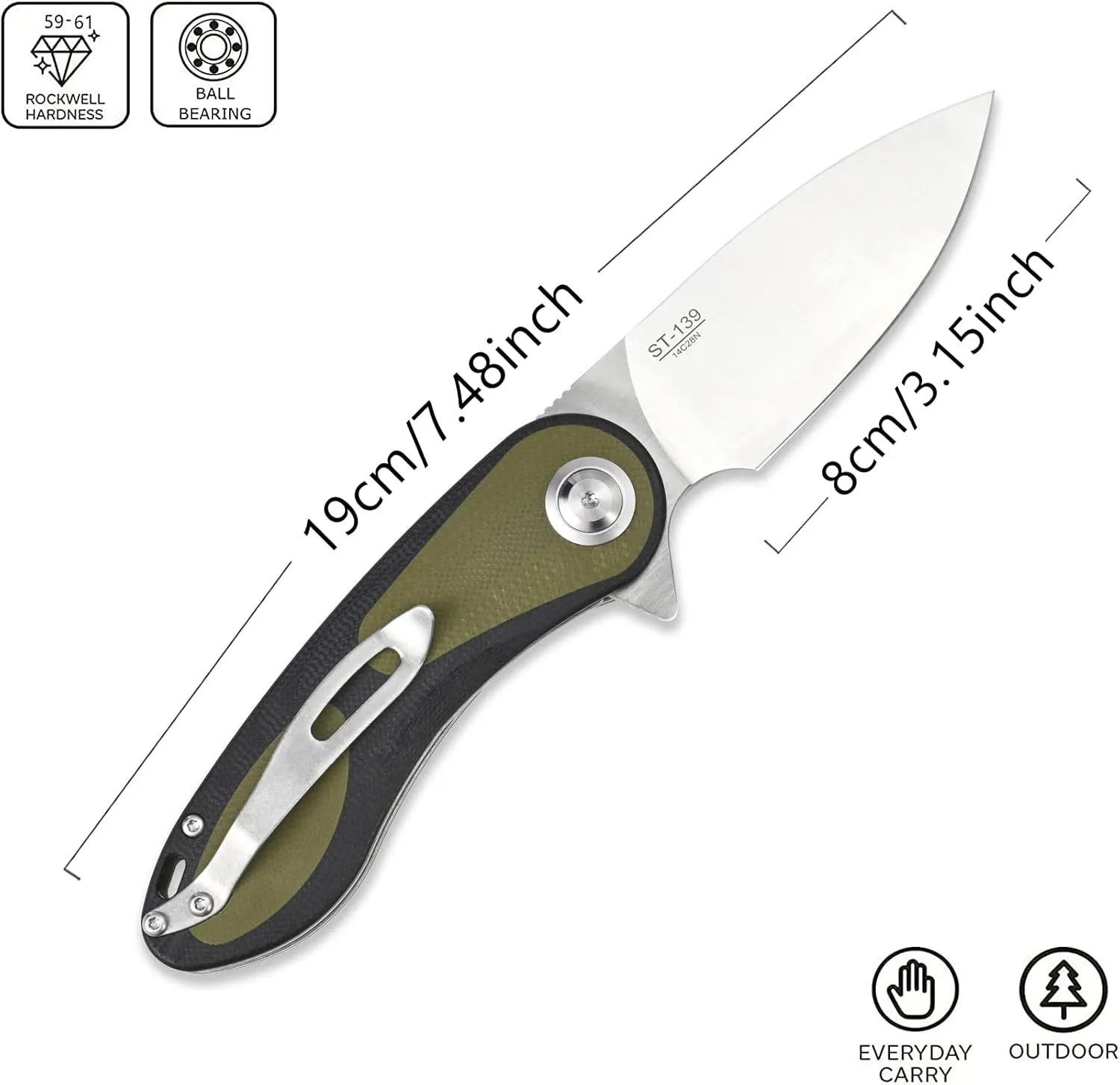 Sitivien ST139 Folding Knife Pocket Knife, Sandvik 14C28N Blade G10 Handle EDC Tool Knifes for Outdoor Camping,Hiking,Hunting,Survival(Black Green)