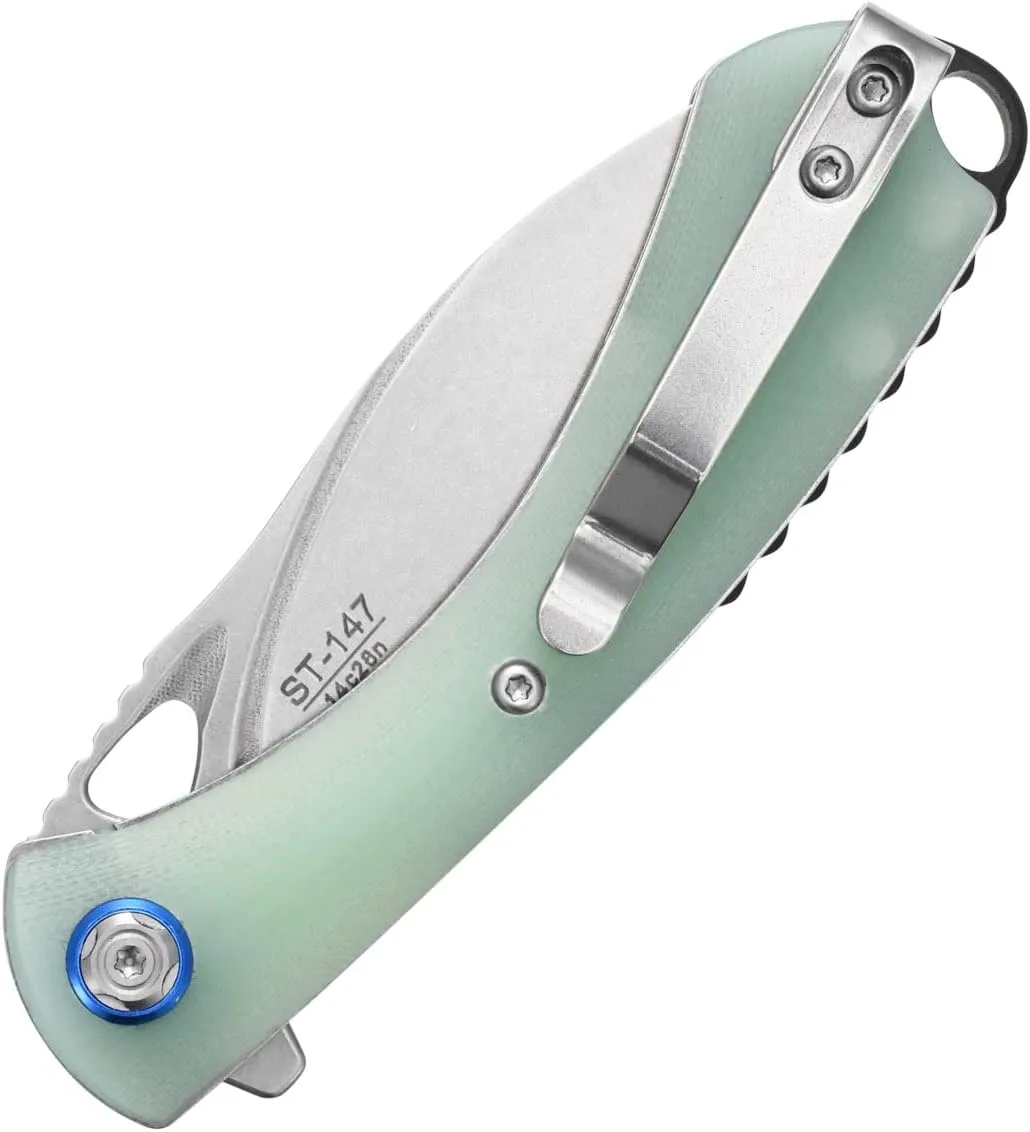 Sitivien ST147 Folding Pocket Knife,14C28N Steel Blade with G10 Handle Utility Knife EDC Tool Knife for Outdoor Camping,Hiking,Hunting(Jade)