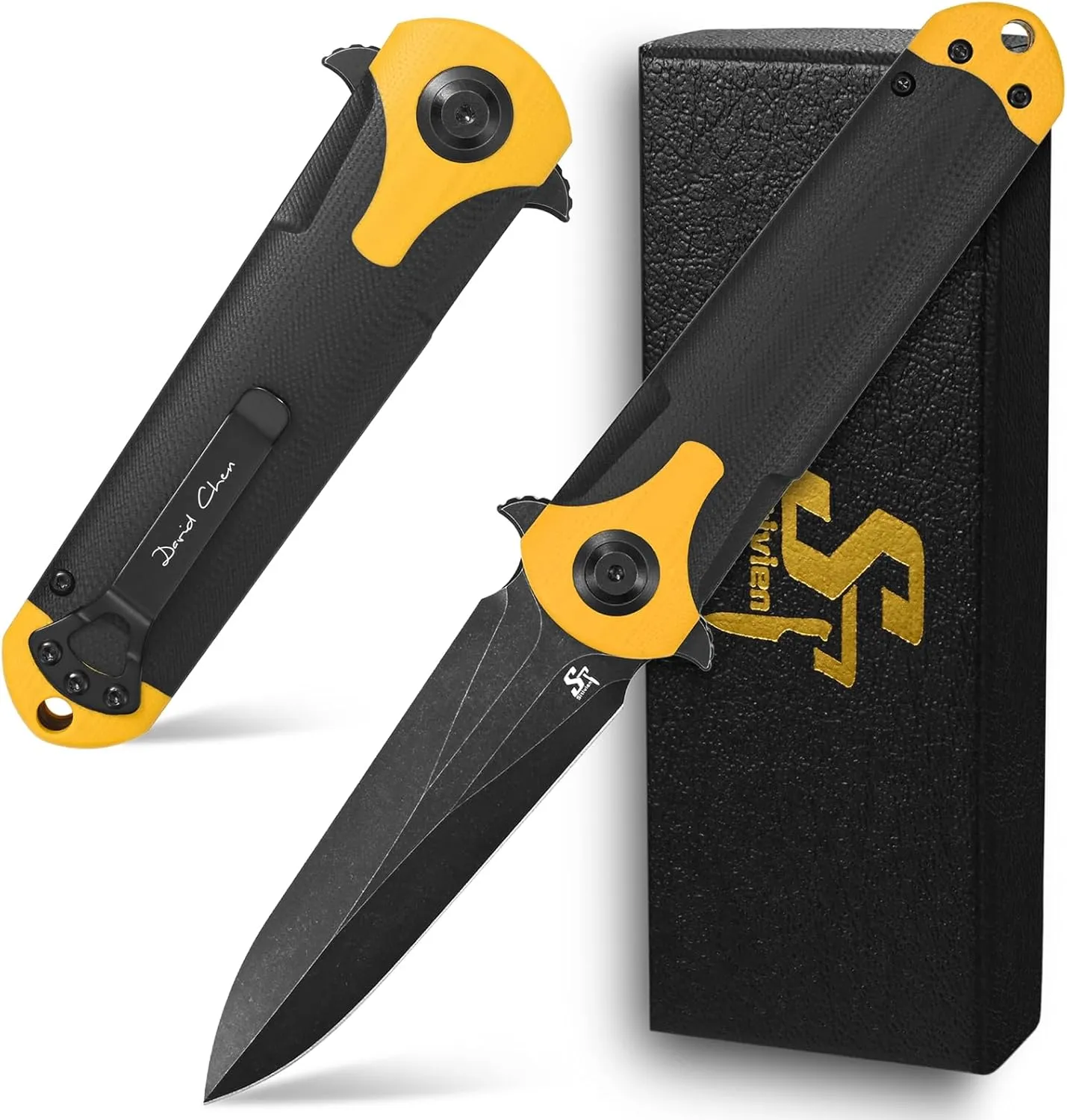 Sitivien ST158 Folding Pocket Knife,Titanium Plating Black Stonewashed DC53 Steel Blade with G10 Handle Chinese Zodiac Series EDC Tool Knife for Outdoor Camping,Hiking,Hunting,Fishing(Black Yellow) …