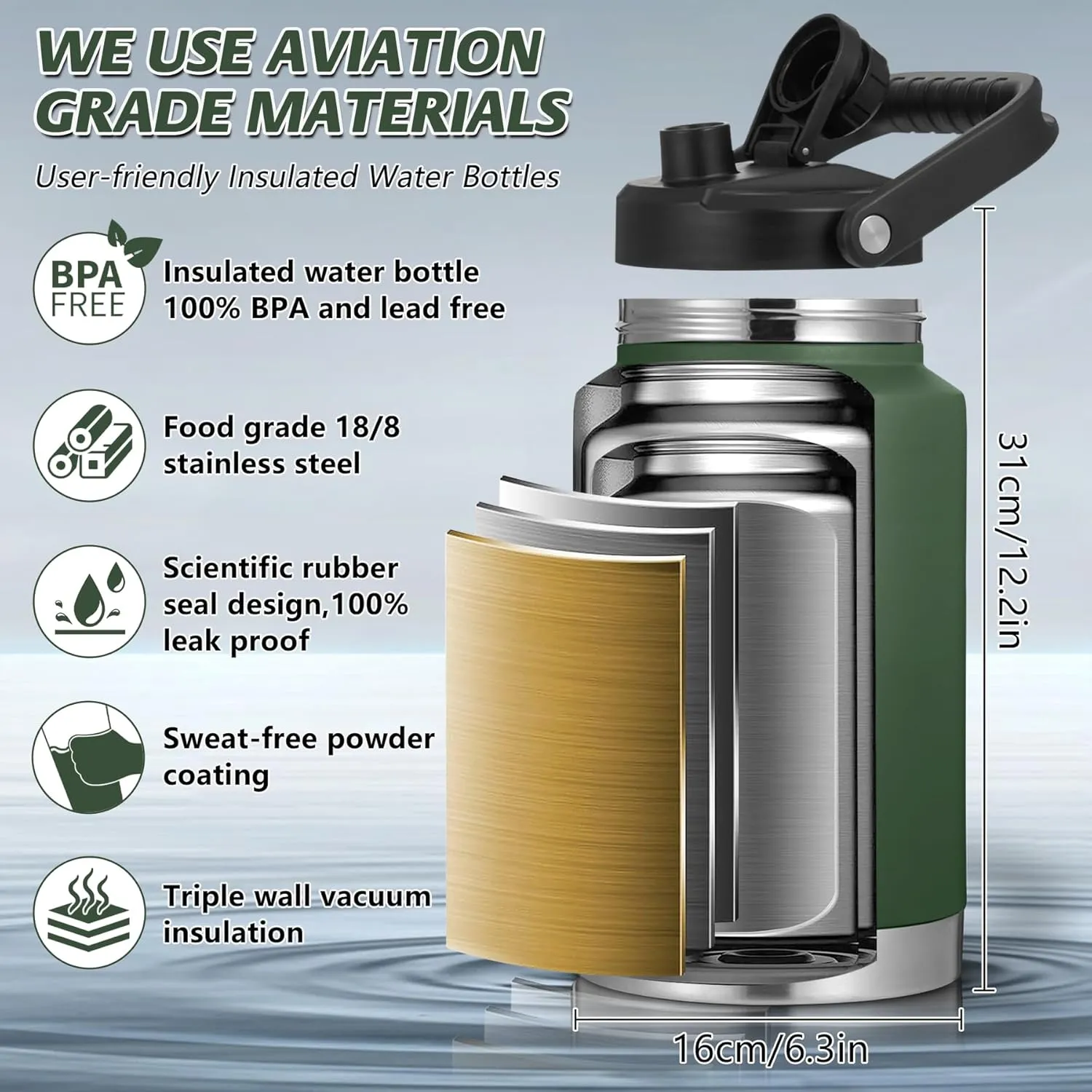 SkyWell 1 Gallon Insulated Water Bottle with Handle and Wide Mouth Water Flask Sweat-Proof and Leak-Proof 128 Oz Stainless Steel Water Jug for Outdoors, Olive