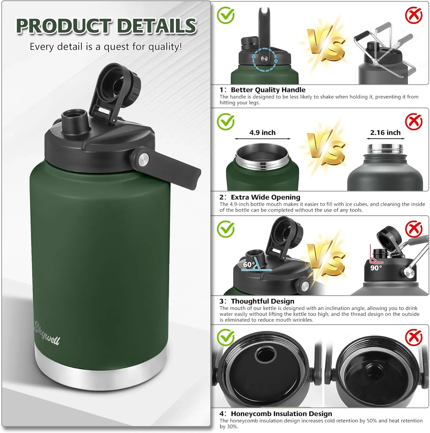 SkyWell 1 Gallon Insulated Water Bottle with Handle and Wide Mouth Water Flask Sweat-Proof and Leak-Proof 128 Oz Stainless Steel Water Jug for Outdoors, Olive
