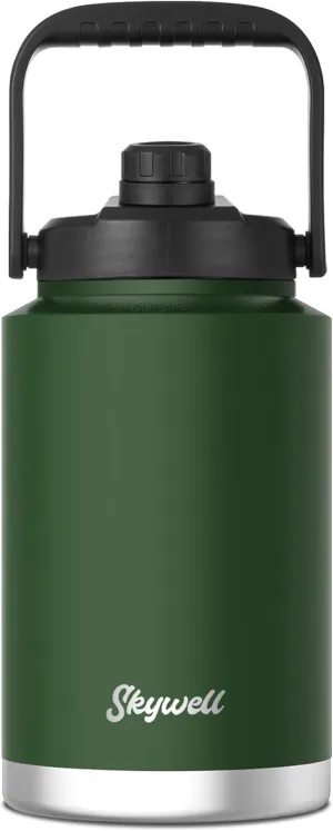 SkyWell 1 Gallon Insulated Water Bottle with Handle and Wide Mouth Water Flask Sweat-Proof and Leak-Proof 128 Oz Stainless Steel Water Jug for Outdoors, Olive