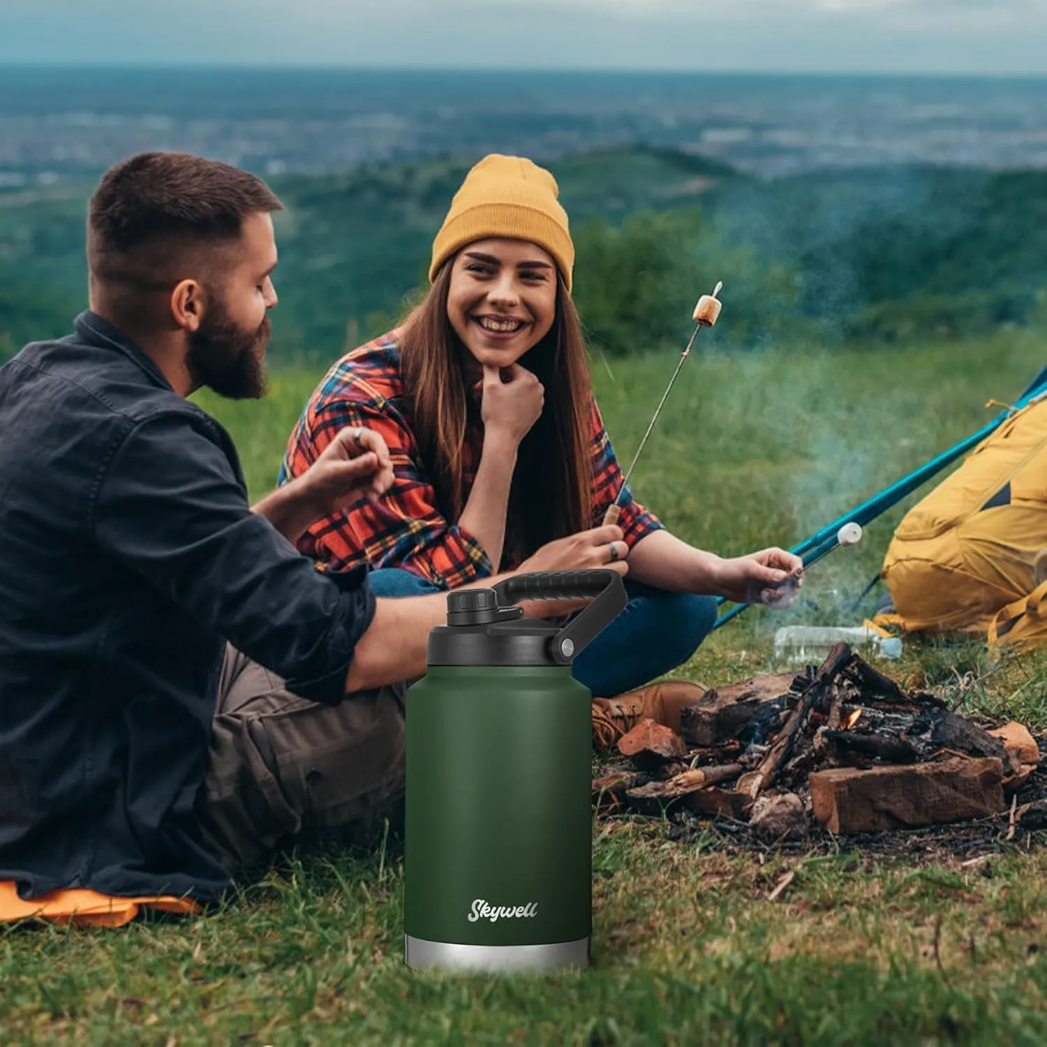 SkyWell 1 Gallon Insulated Water Bottle with Handle and Wide Mouth Water Flask Sweat-Proof and Leak-Proof 128 Oz Stainless Steel Water Jug for Outdoors, Olive