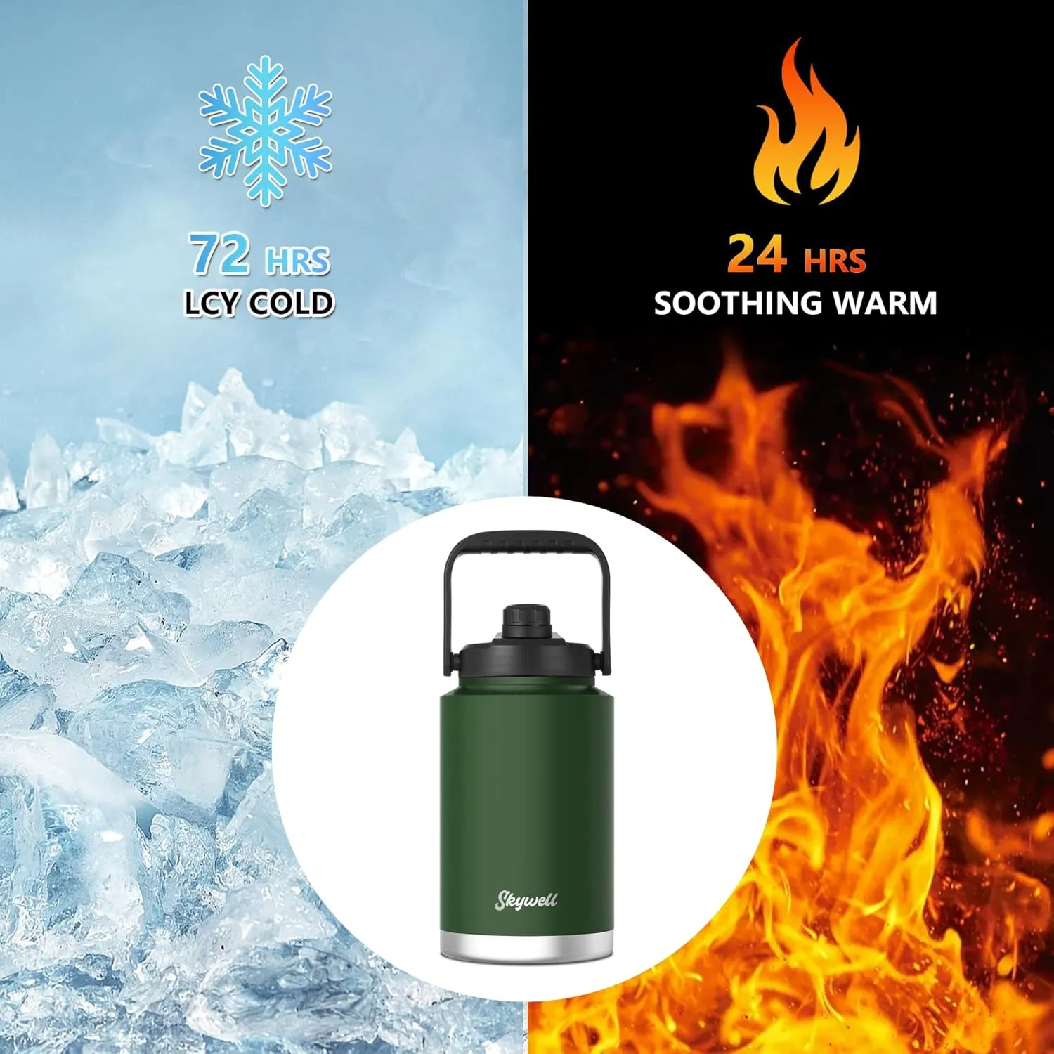 SkyWell 1 Gallon Insulated Water Bottle with Handle and Wide Mouth Water Flask Sweat-Proof and Leak-Proof 128 Oz Stainless Steel Water Jug for Outdoors, Olive