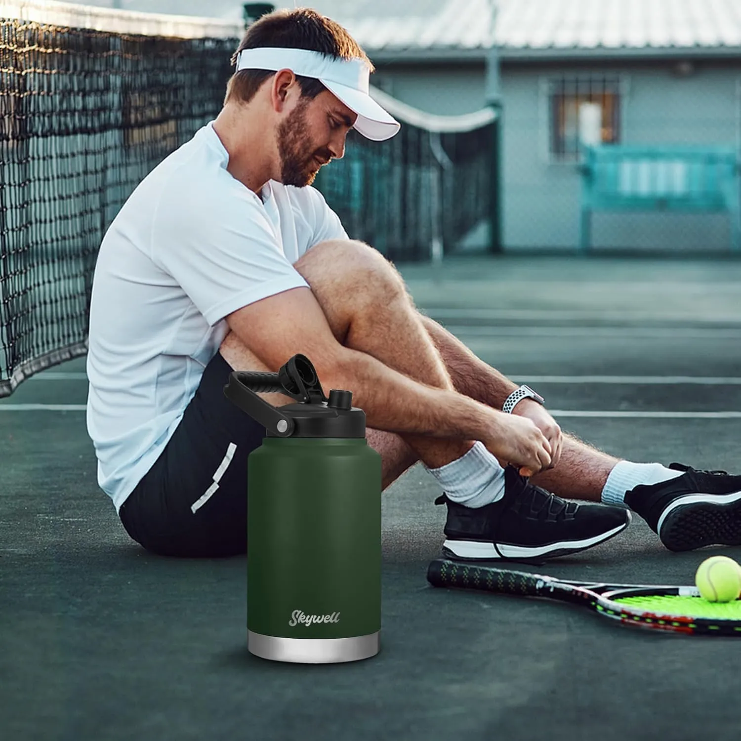 SkyWell 1 Gallon Insulated Water Bottle with Handle and Wide Mouth Water Flask Sweat-Proof and Leak-Proof 128 Oz Stainless Steel Water Jug for Outdoors, Olive